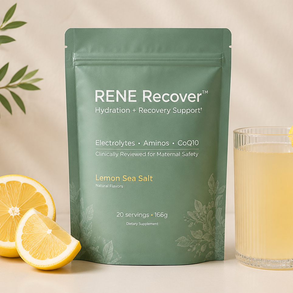 RENE Recover electrolyte powder package with lemons and a glass of lemon sea salt drink on a neutral background