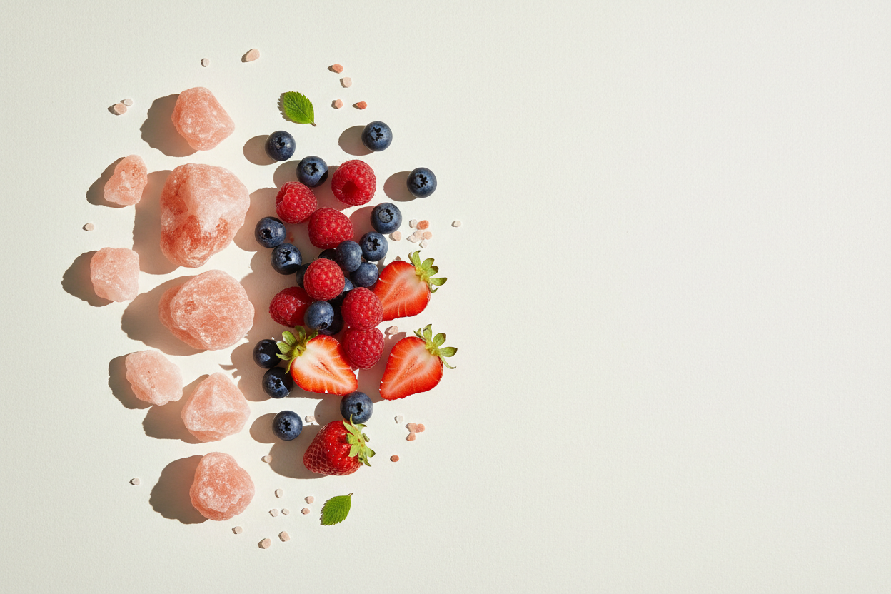 Pink salt and berries light background